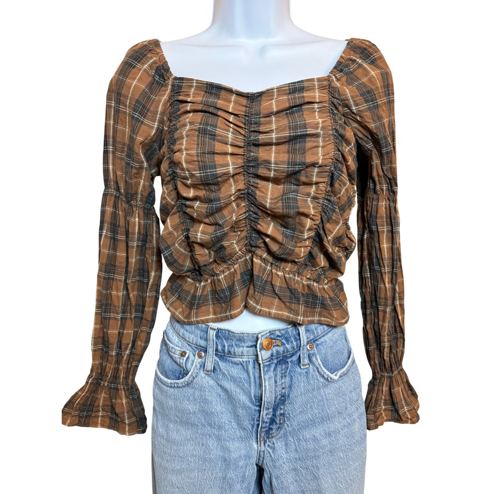 Ultra Pink Plaid Ruched Long Sleeve Peplum Crop Top Cotton Brown Black XS